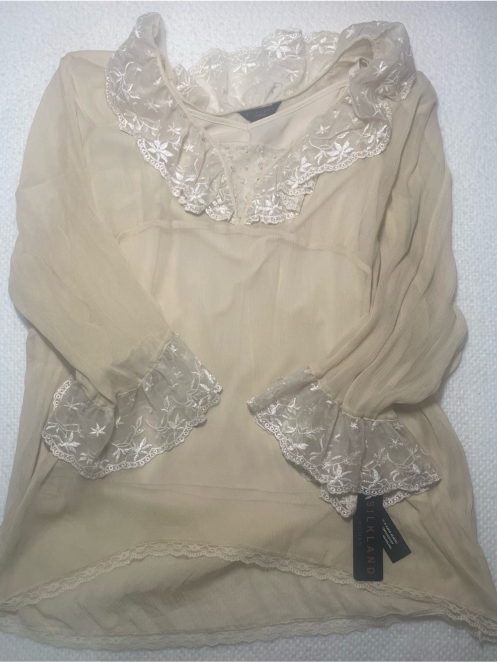 Vintage Silkland Woman’s delicate beaded floral Lace-Trim Blouse NWT Ivory